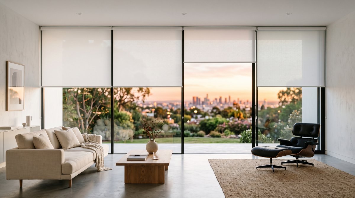 Cortinas roller en el ventanal de un living